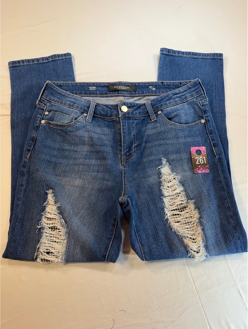 Liverpool Jeans Company Cami Crop Distressed Blue Denim Jeans Size 10/30